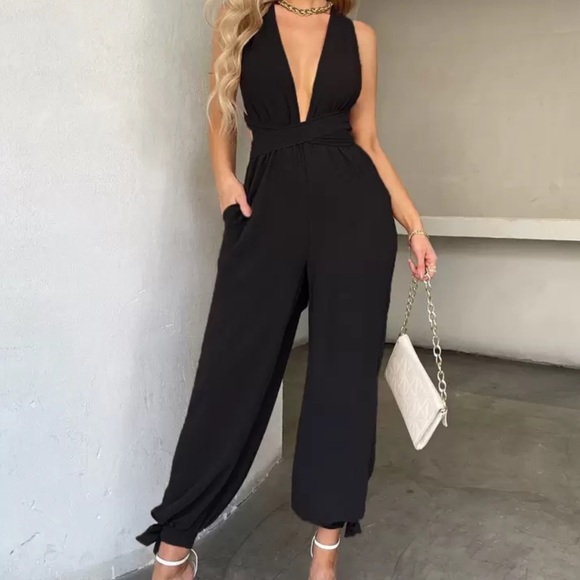 SHEIN Pants - Black Women's V-Neck Jumpsuit with Tie-Ankle Pants